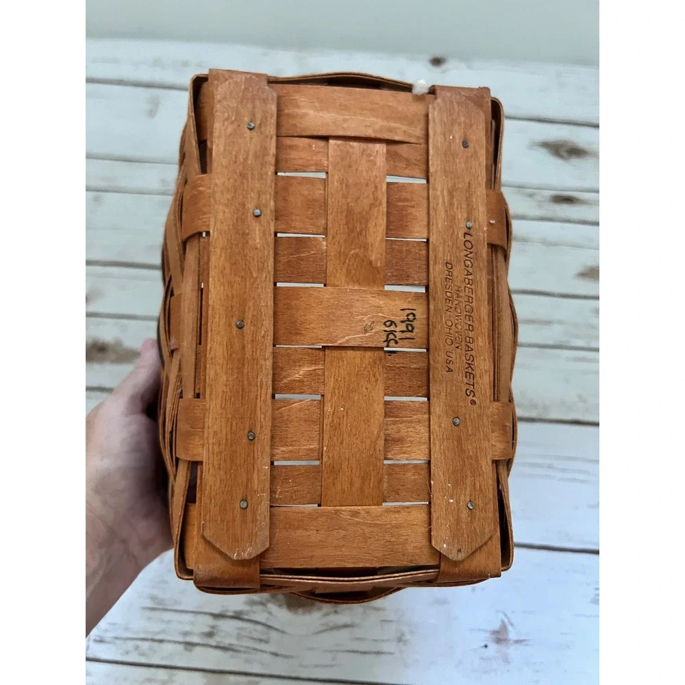 Longaberger Basket Brown Green Red Handwoven Dated 1991 Small 8.5